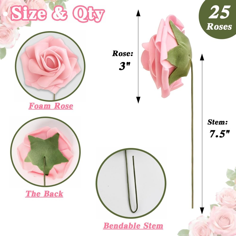 Artificial Flowers, 25pcs Blush Pink Fake Roses with Stems for DIY Wedding De…