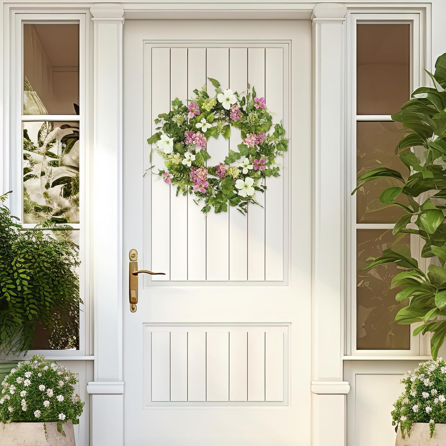 Spring Summer Wreath 20″ Pink Hydrangea Eucalyptus Leaves Home Decor