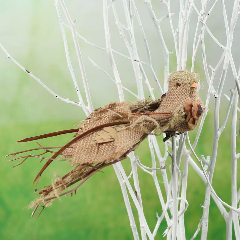 Set of 4 Natural Burlap Woodland Artificial 7-1/2″ Birds with Alligator Clips