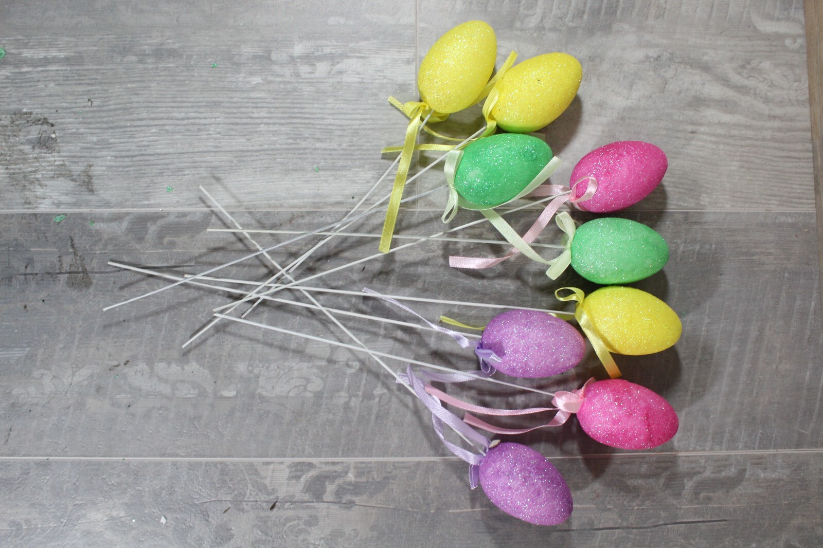 NoS Vintage Lot of 9 Easter Glitter Egg/Bows Foam Floral Picks