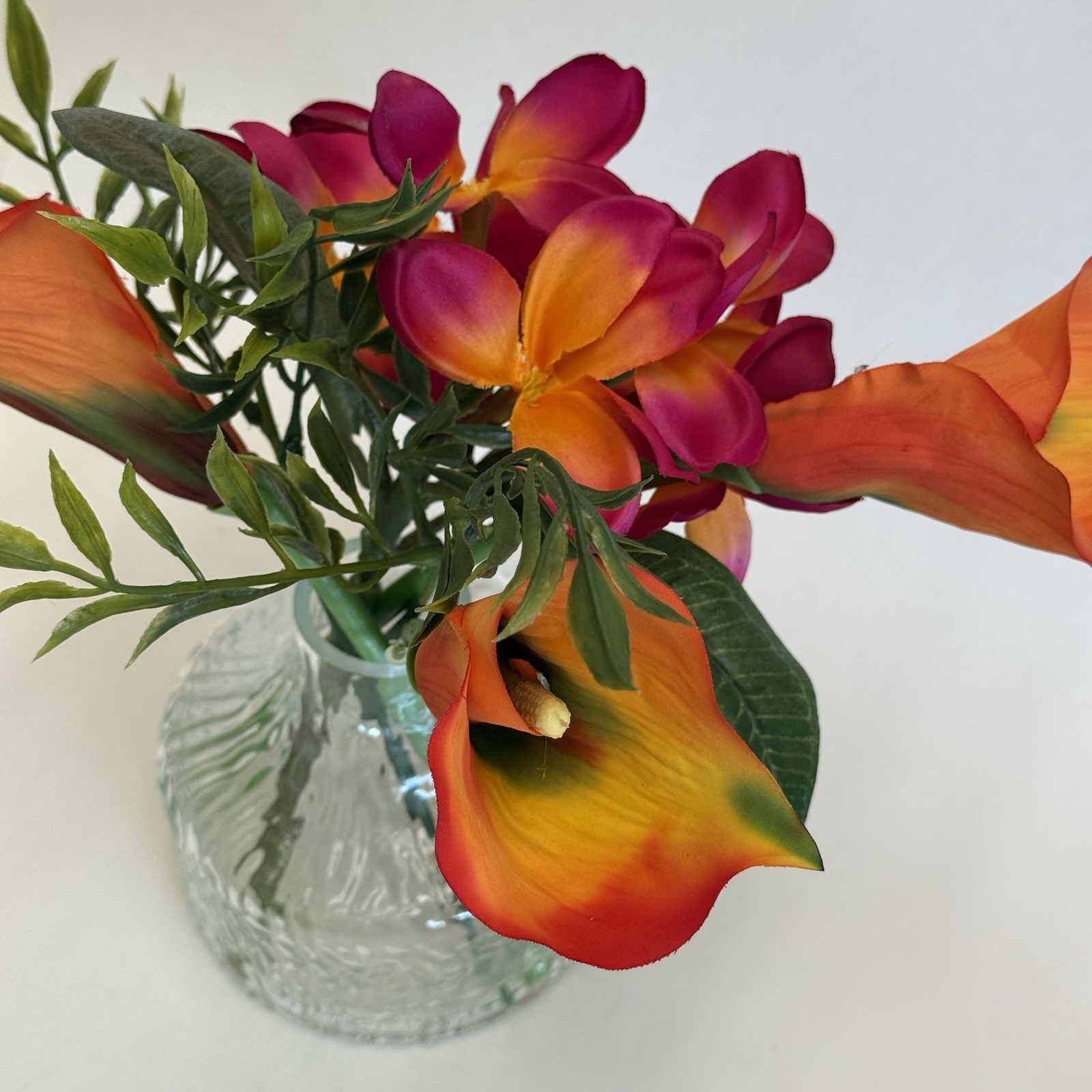 Artificial Tropical Flower Arrangement in Textured Glass Vase Pink Orange 10”