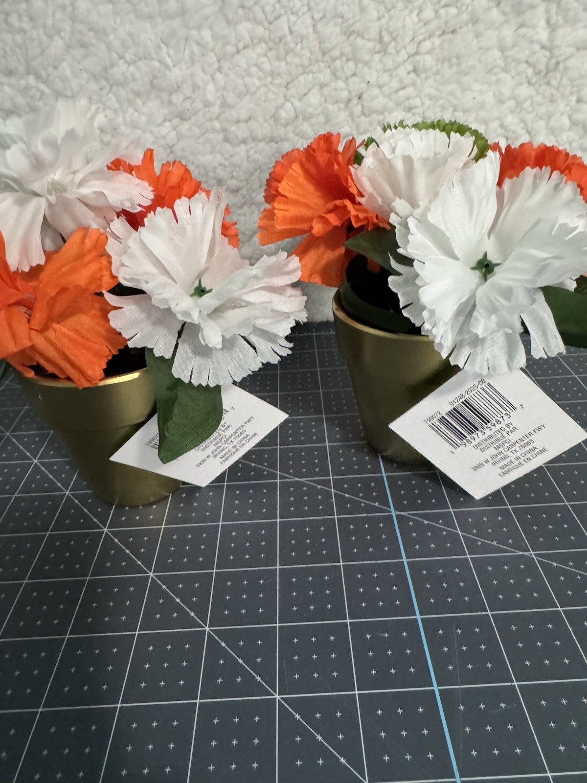 Set Of 2 St.Patricks Faux Plants Gold Pots With Orange White And Green Flowers