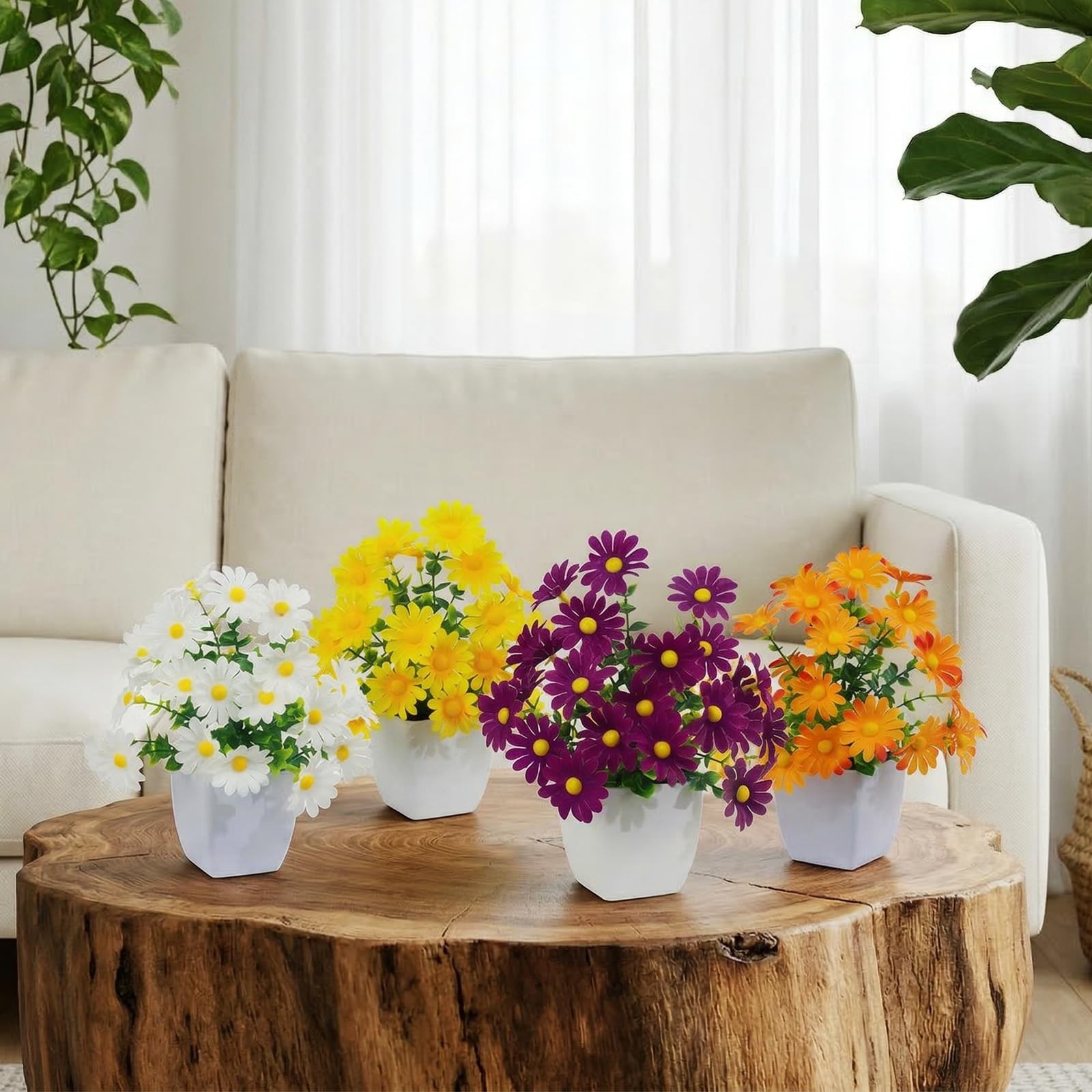 4 Pack Small Artificial Mums Flowers White Pots Fake Mini Potted Plants Decor