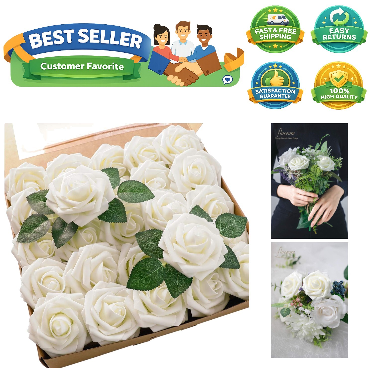 Artificial Flowers 25pcs Real Looking Ivory Foam Fake Roses with Stems for DI…