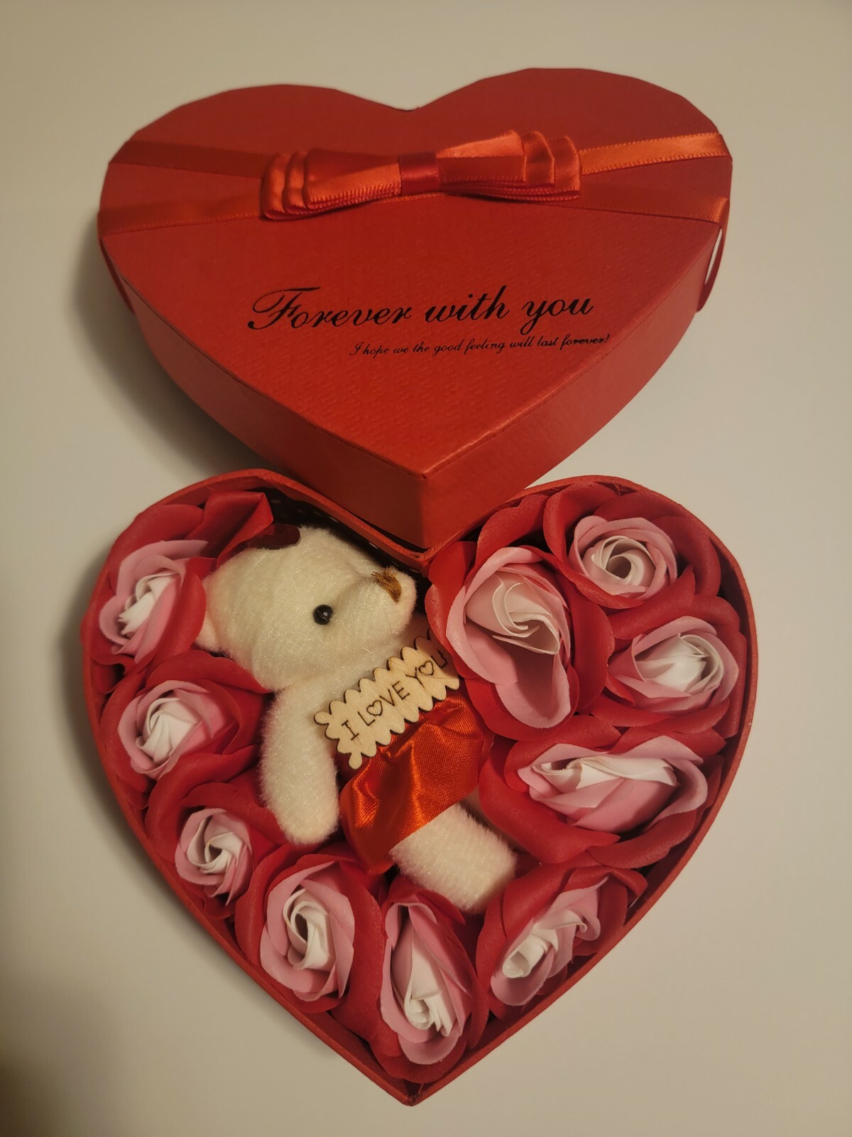 Red Pink White Girlfriend Wife Woman Rose Flower Gift Box w/ Bear Bouquet