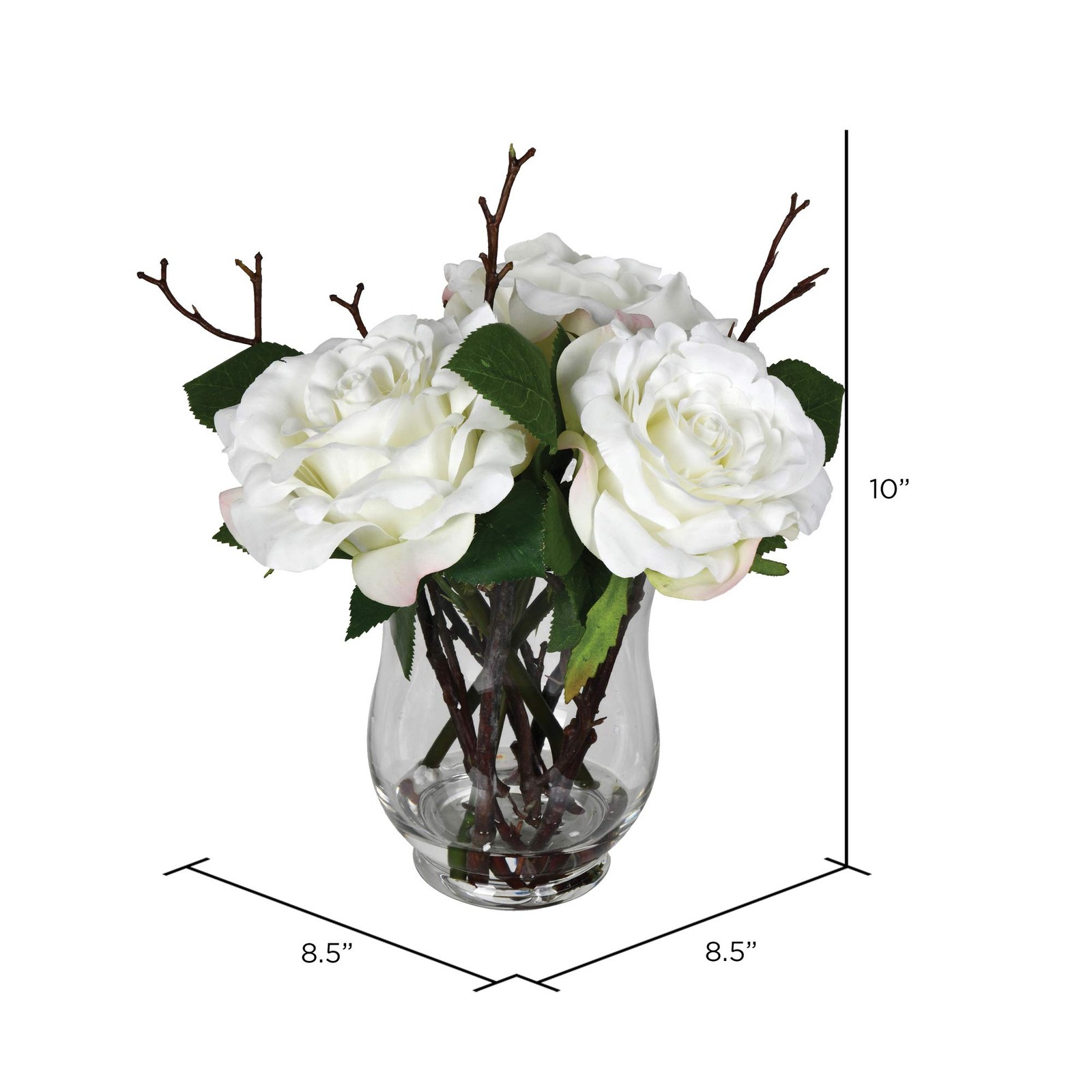 Vickerman 10″ Contemporary Glass Artificial White Rose Vase in Clear