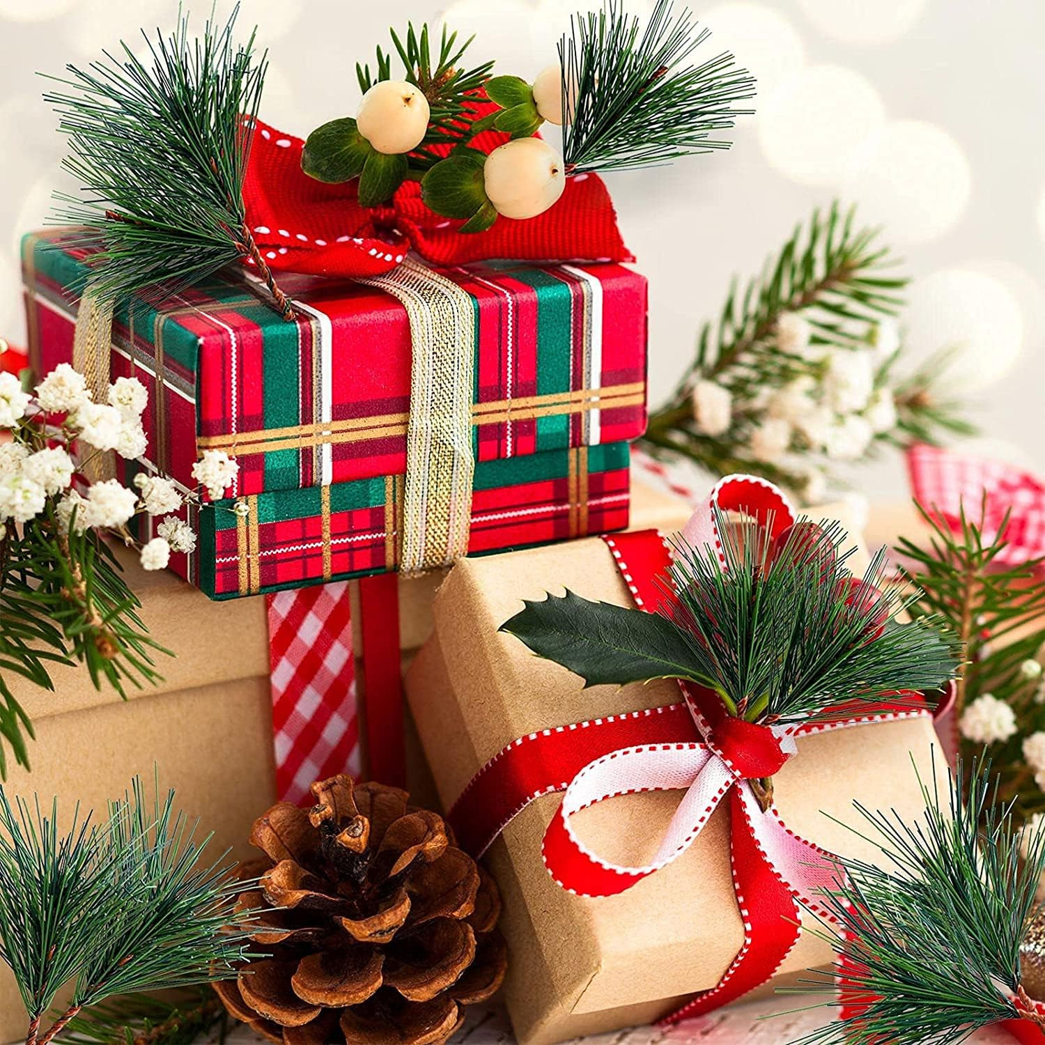Artificial Green Pine Needles Branches Fake Small Pine Twigs Stems Evergreen