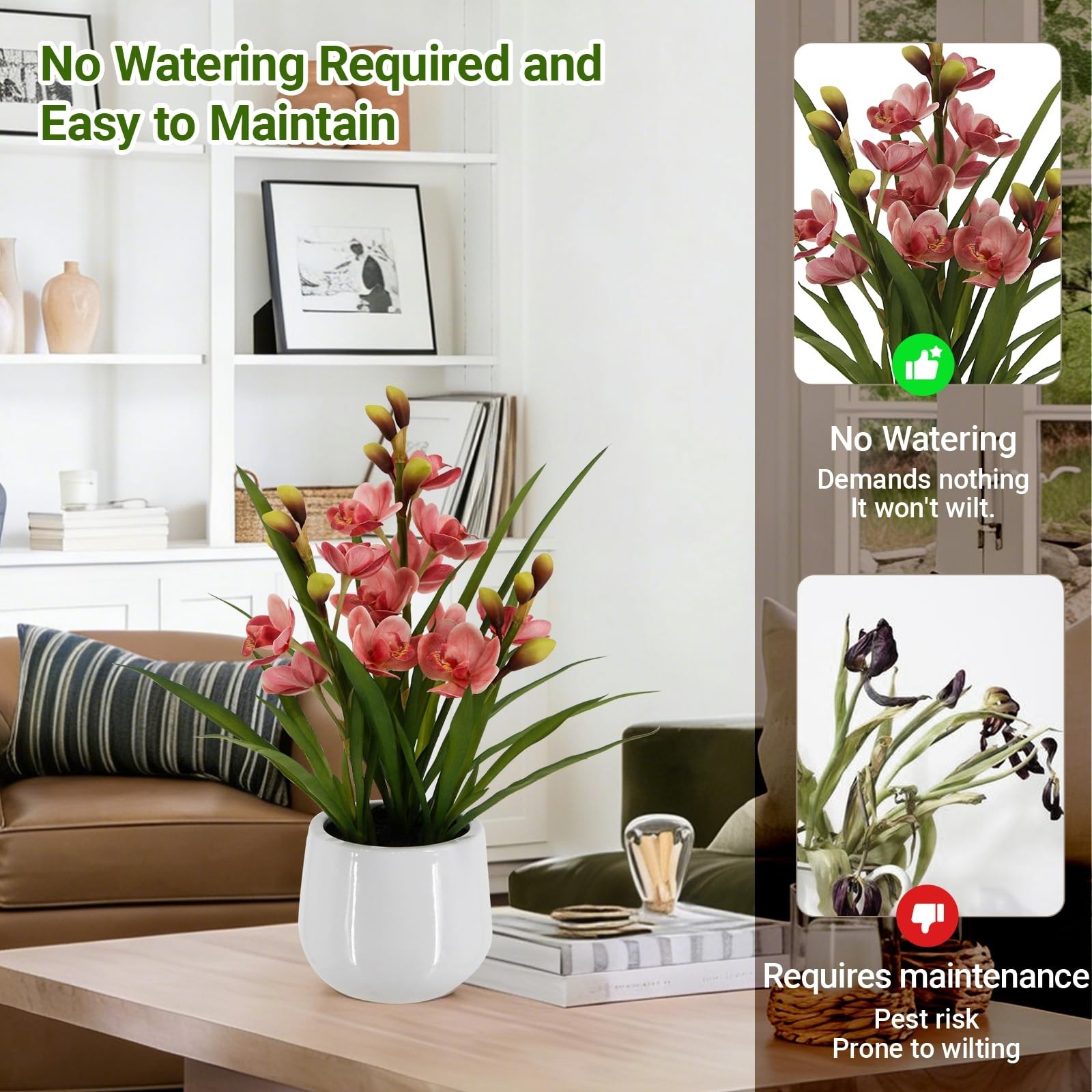 19″ Tall Artificial Orchid Flowers – Faux Cymbidium Plant in Pot for Home Decor,