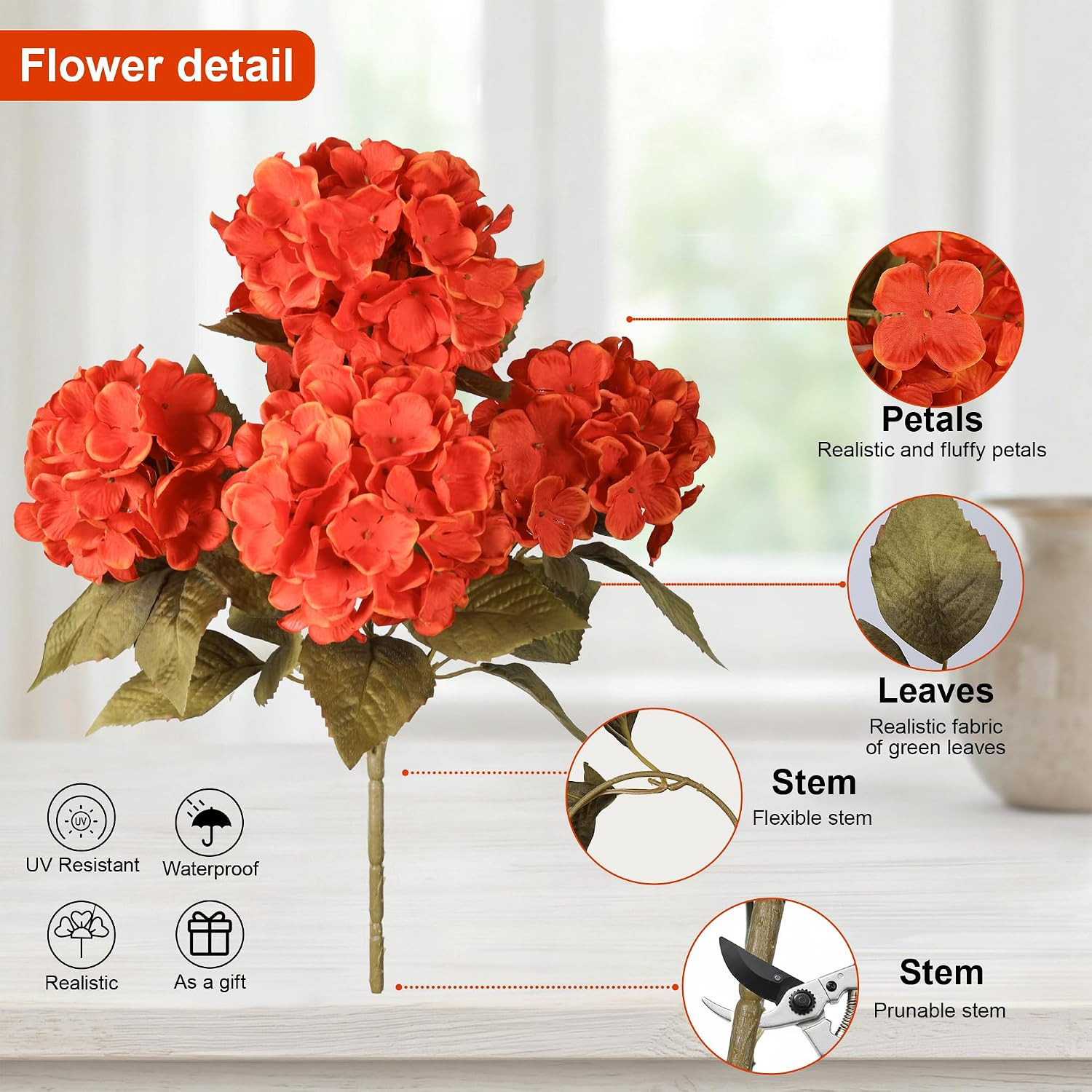 Artificial Flowers for Outdoors, 4 PCS Fall Fake Silk Hydrangea Flower Stems for