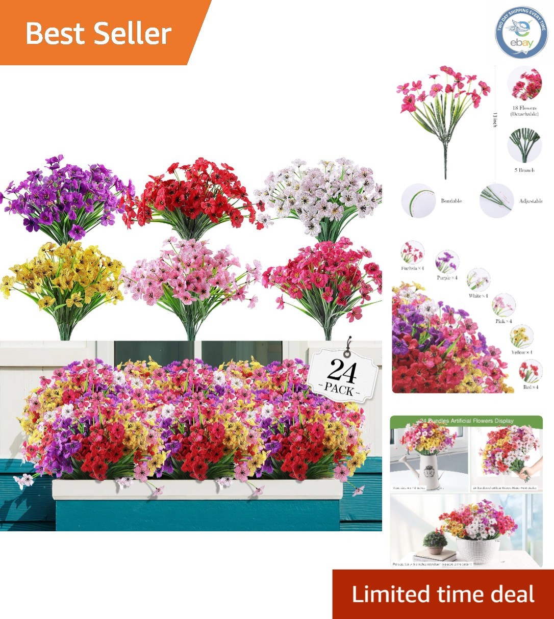 24 Bundles of Realistic No Fade Artificial Flowers for Indoor & Outdoor Elegance