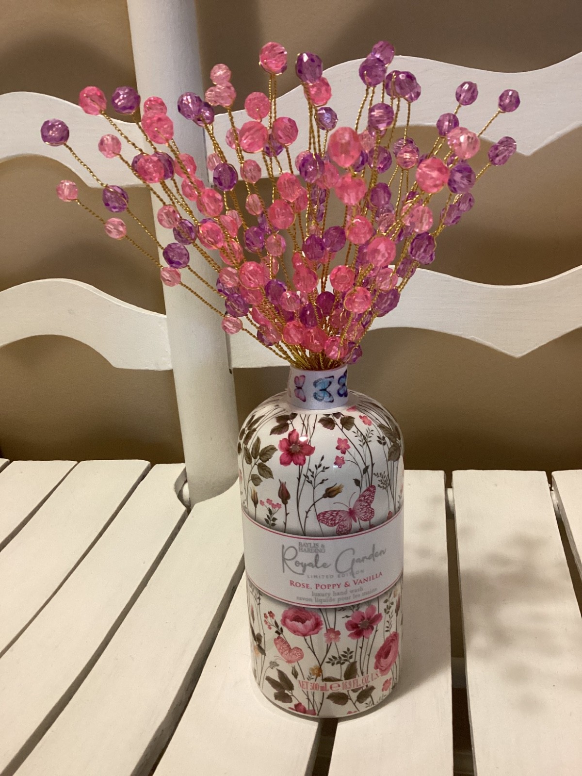 BEADED BOUQUET WITH VASE COTTAGE FARMHOUSE STYLE PINK HANDMADE NEW