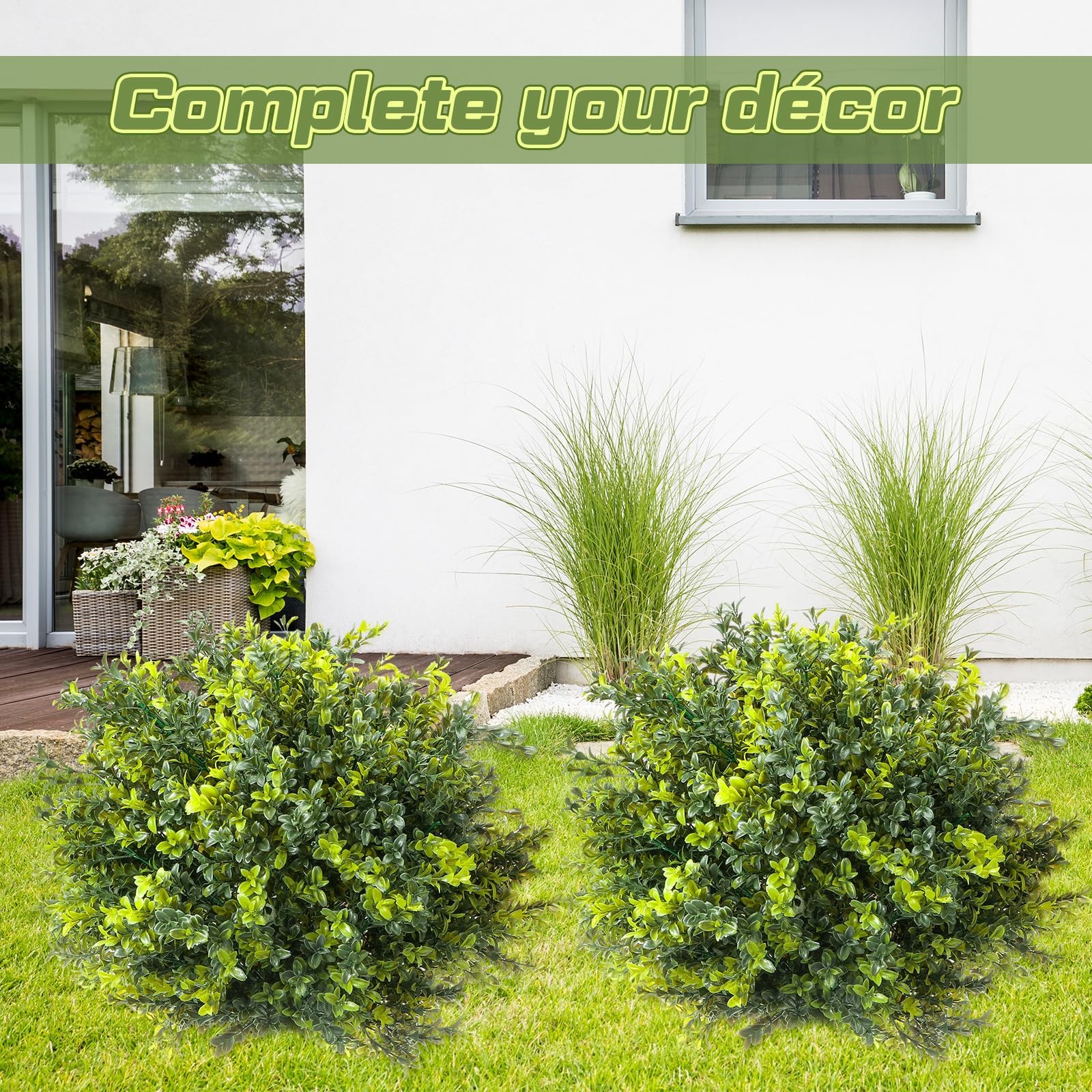 2 Pack 24″ Artificial Boxwood Topiary Ball Trees with Ground Spikes, UV Resis…