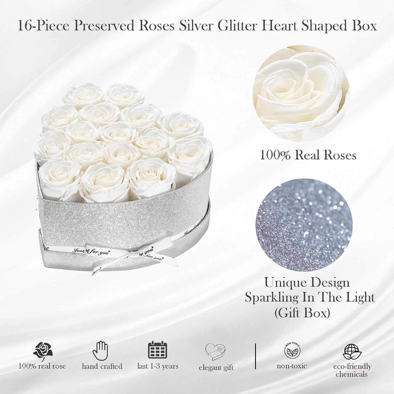 Forever Rose Gift Box – 16 Preserved Roses for Mom – Heart Shaped Elegant Gift