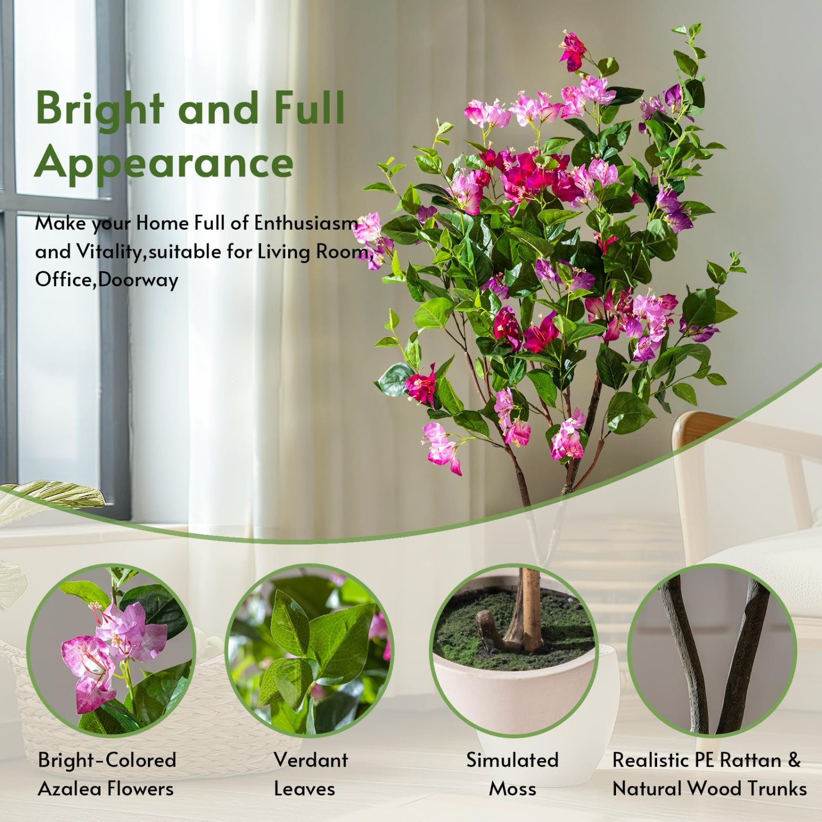 4FT Lifelike Artificial Bougainvillea Tree – Potted Faux Plant for Home, Office,