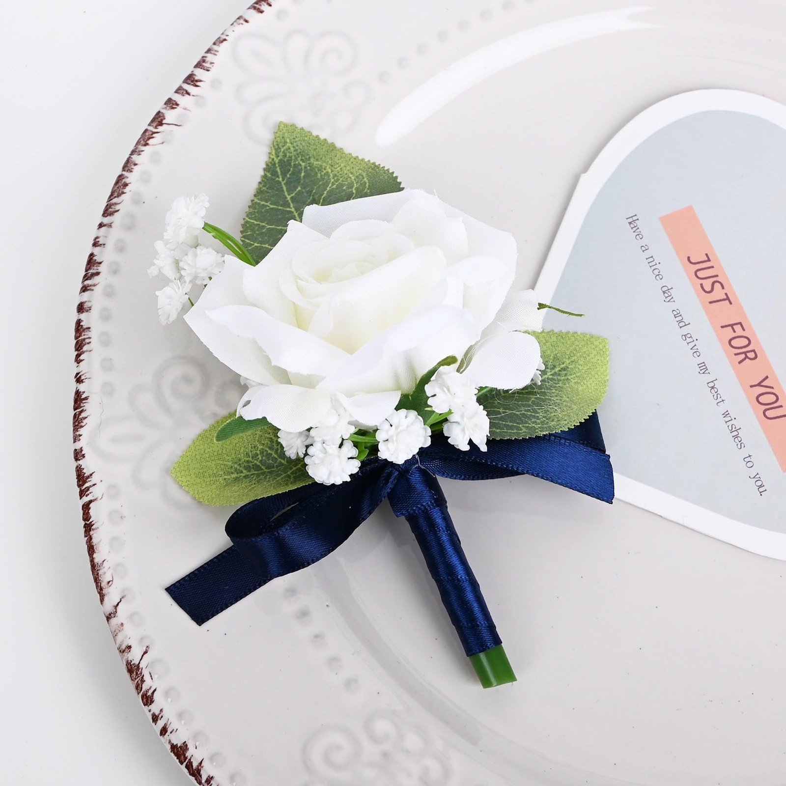 2 PCS Boutonniere Corsage Set Artificial Rose Groom Prom White Navy Blue