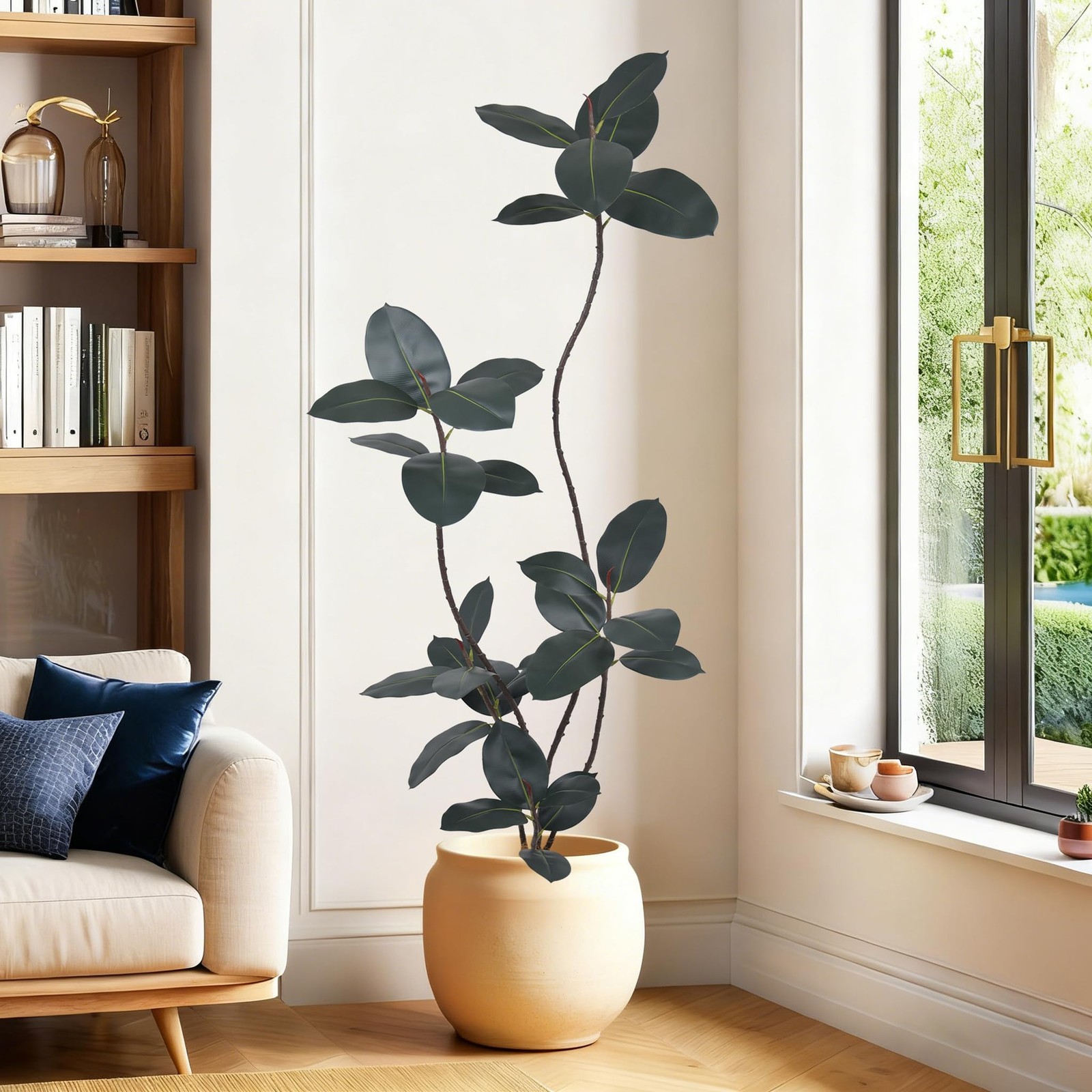 6FT Artificial Black Rubber Tree with Lifelike Leaves, 72in Faux Tropical Fic…