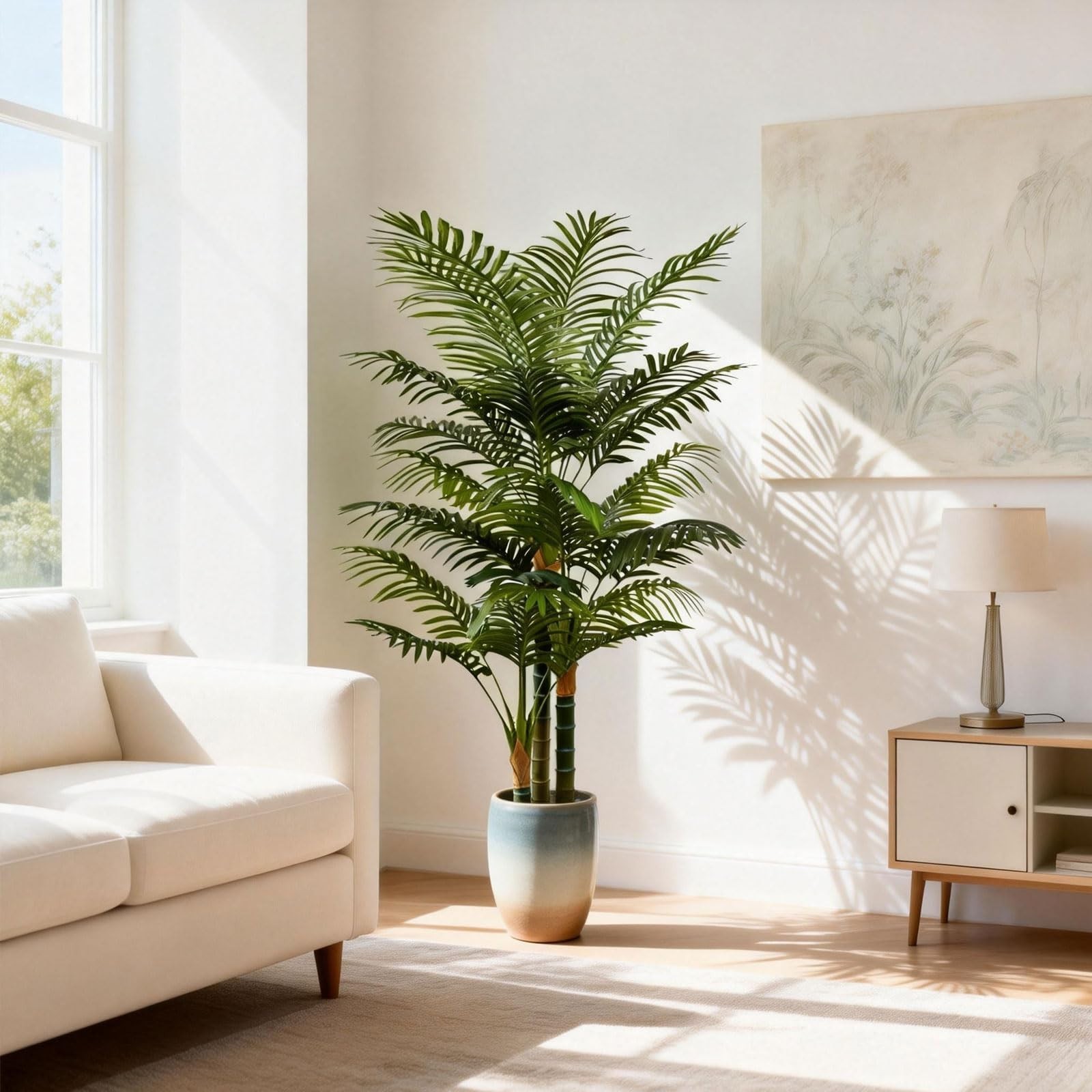 4FT Tall Faux Palm Tree – Large Artificial Plant with 3 Textured Trunks, Indoor