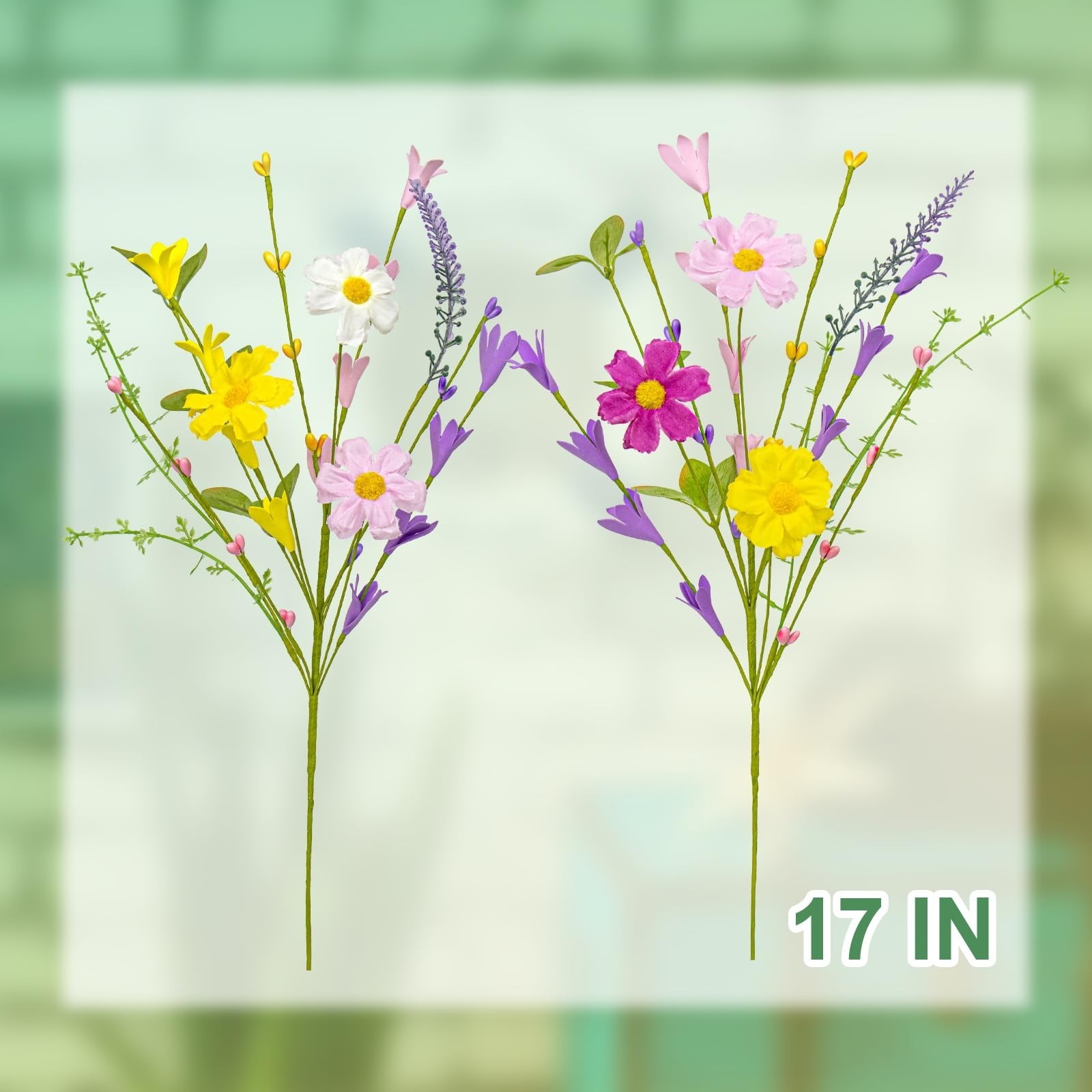 18 Pack Artificial Spring Flowers – 17″ Colorful Daisies & Forsythia Stems for A