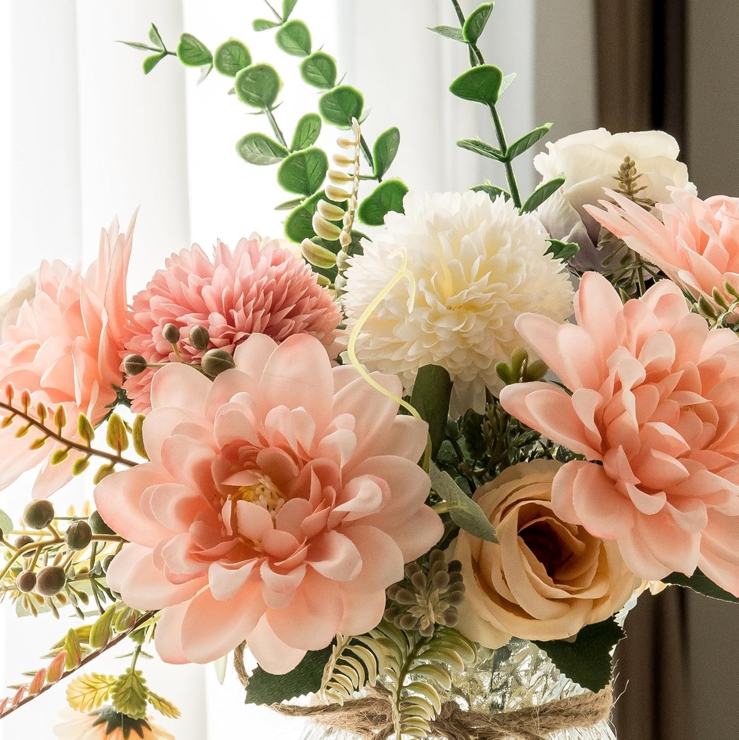 Artificial Flowers Pink Dahlia Silk Faux with Vase Aubcee Fake Home Decor Coffee