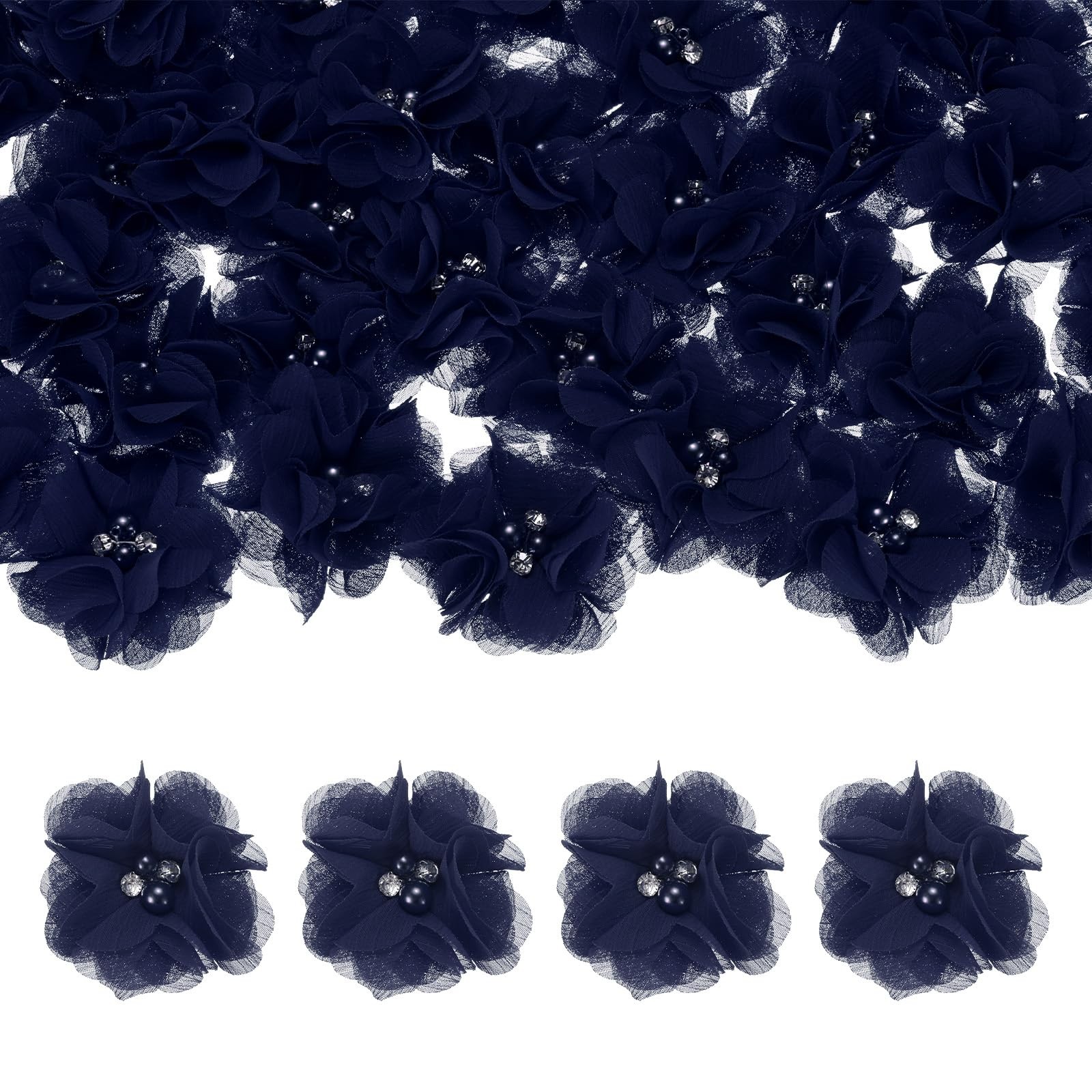 15 Pack Sky Blue Rhinestone Pearl Chiffon Flowers 2.17×2.17 Inch Mesh Fabric