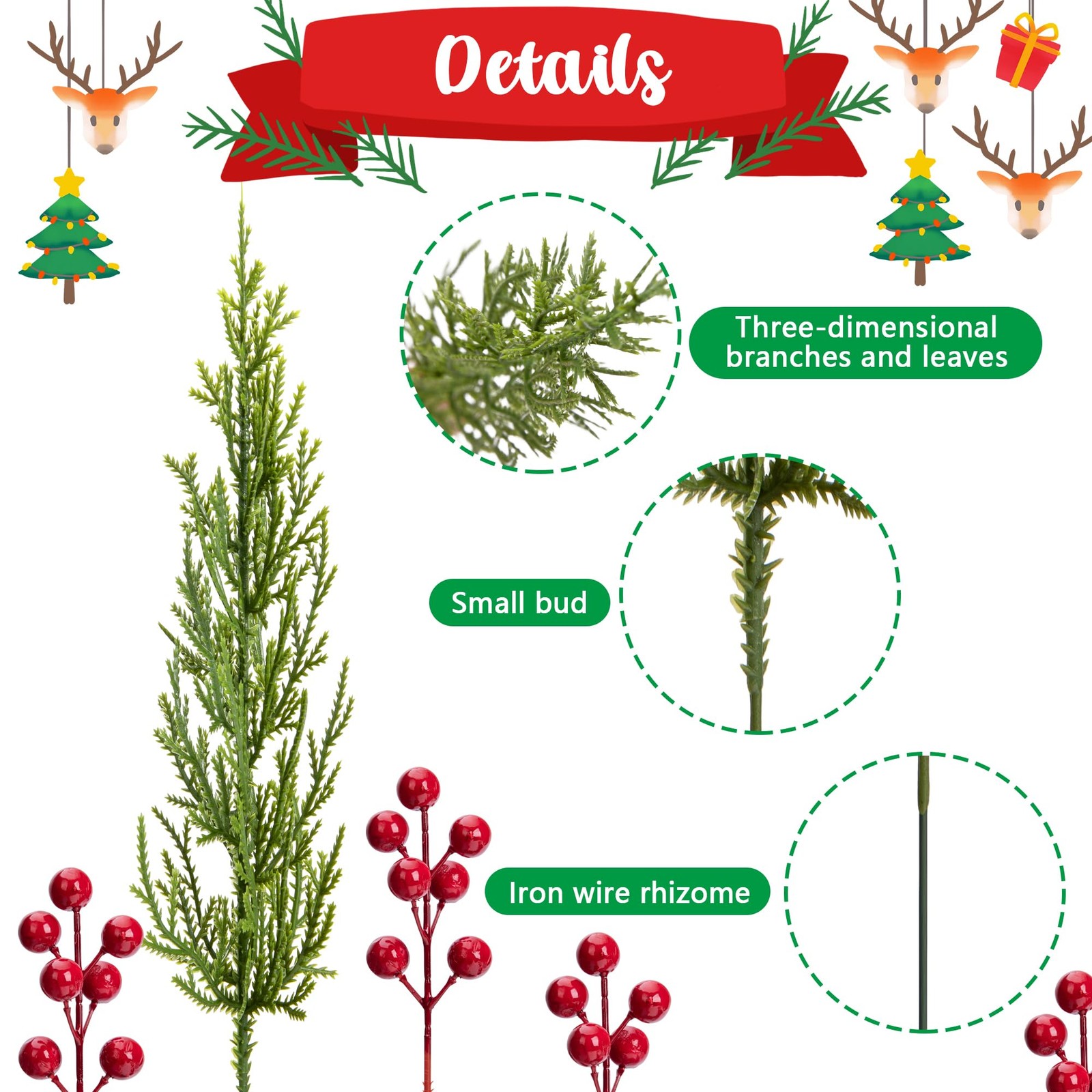 60 Pcs/Set Christmas 3D Artificial Pine Branches- 12.5 Inch Faux Evergreen Cedar