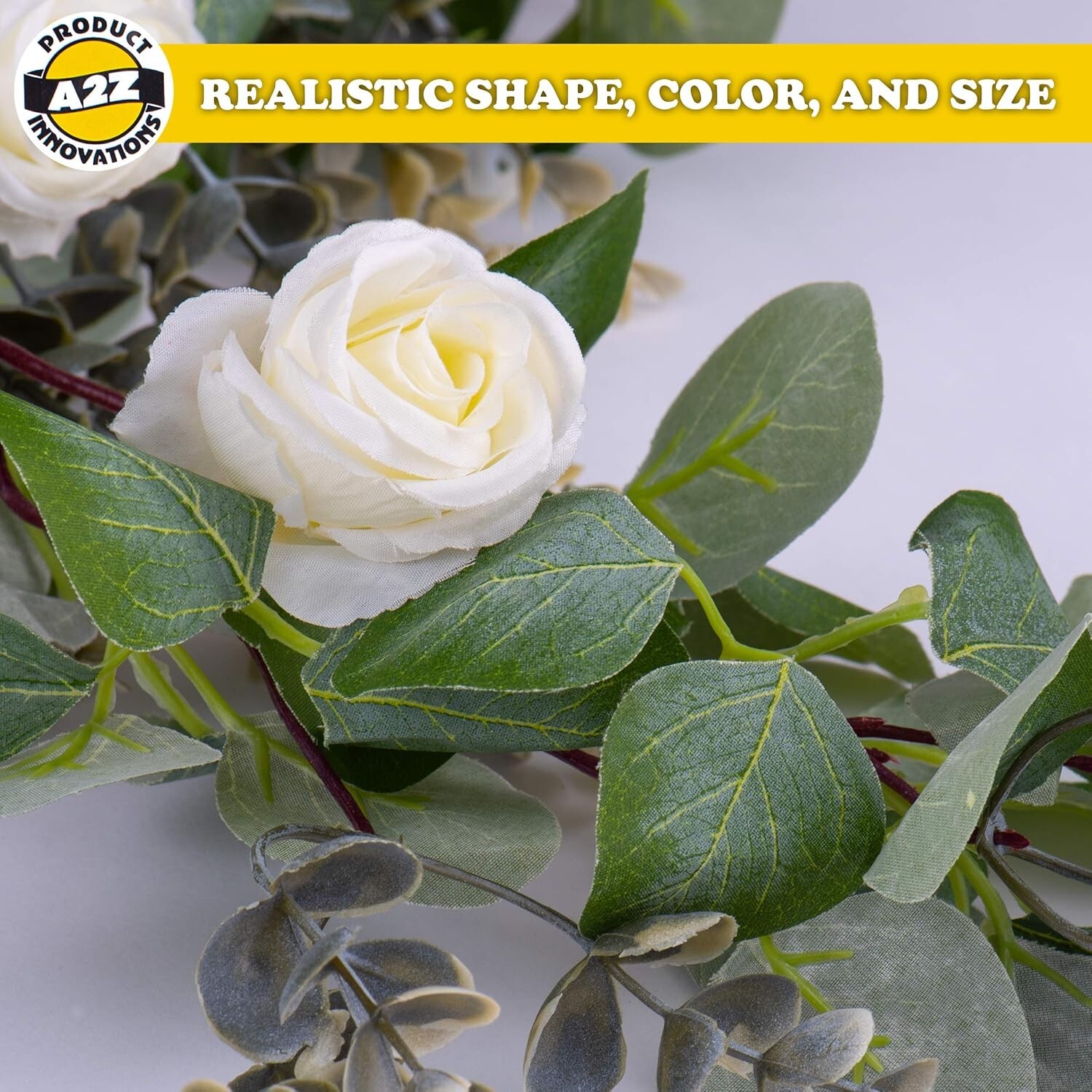Faux Eucalyptus Garland (6.5ft) – Natural-Looking Green Leaves and White Rose Fl