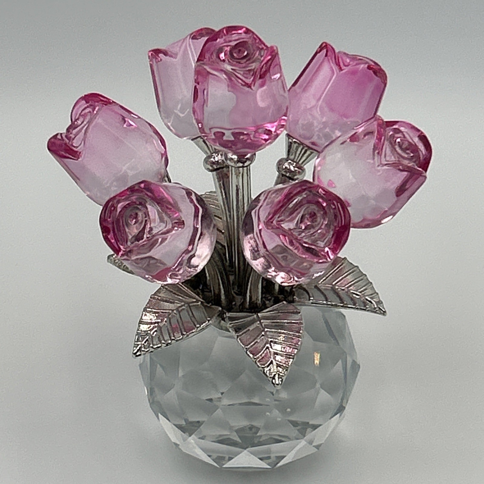 Handmade Crystal Glass Pink Rose Bouquet Flowers Vase Figurine + Gift Bag & Card