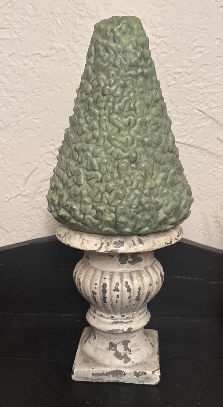 Terracotta Ceramic Cone Topiary 14″ Vintage Chippy Green Cream Urn
