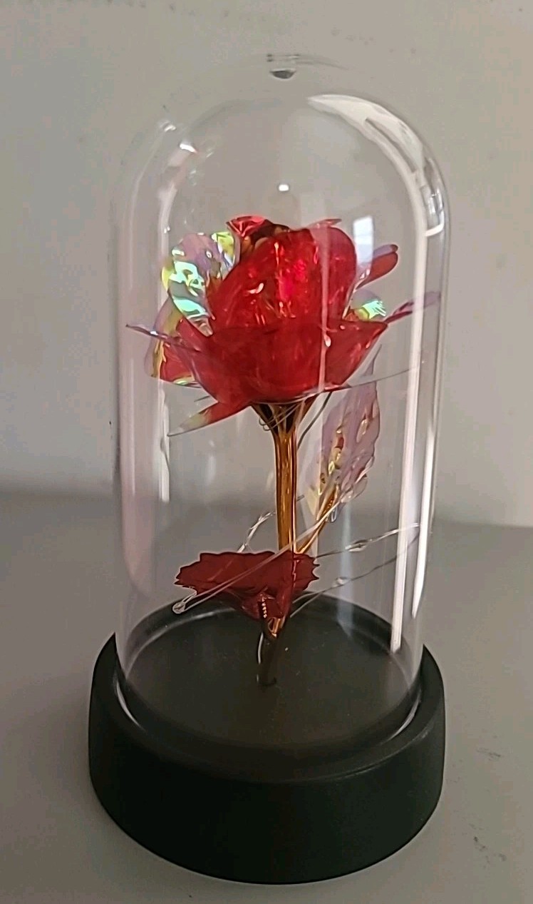Red & Gold Rose Flower In Dome Glass LED Light Gift, Valentine, Wedding Decor