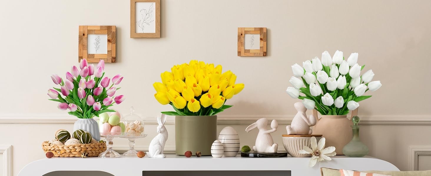 12pcs Yellow Tulips Artificial Flowers, 13.4″ PU Flowers Fake Tulips for Spring