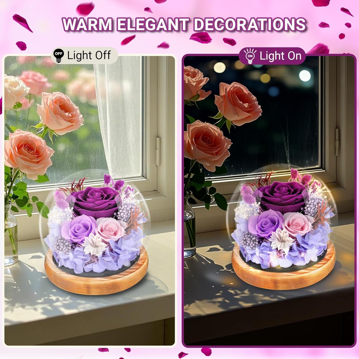 Preserved Flowers Rose in Glass Dome Forever Flowers Valentines Day Gifts for He