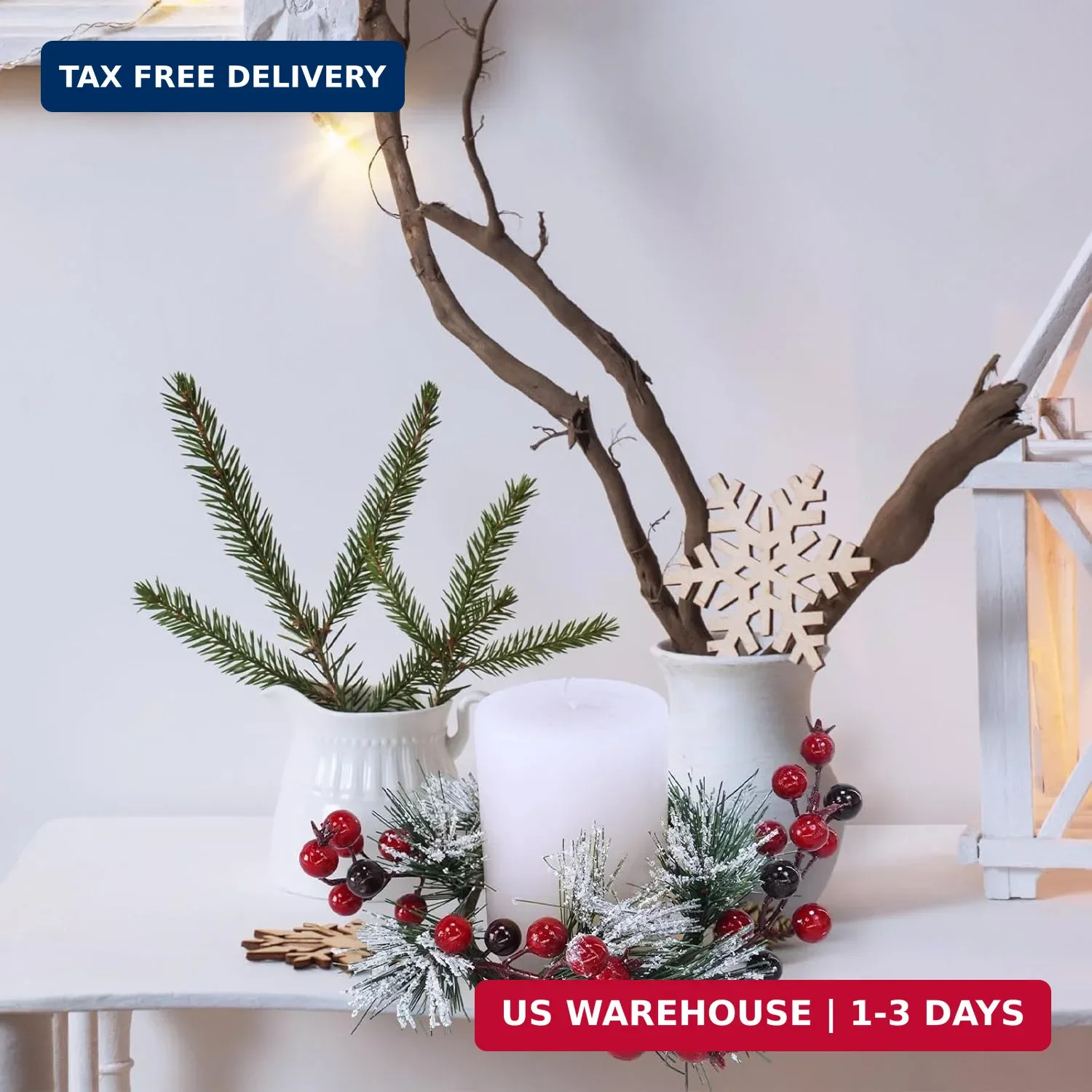 Winlyn 4 Pcs Artificial Pine and Berry Candle Rings Wreaths Snowy Pine Needle Re