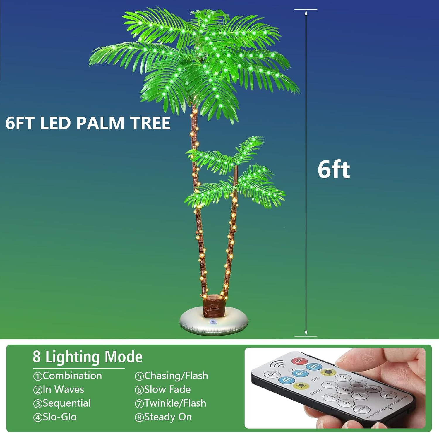 6FT Solar Lighted Palm Tree with 2 Trunks, IP65 Waterproof Artificial Palm Tree