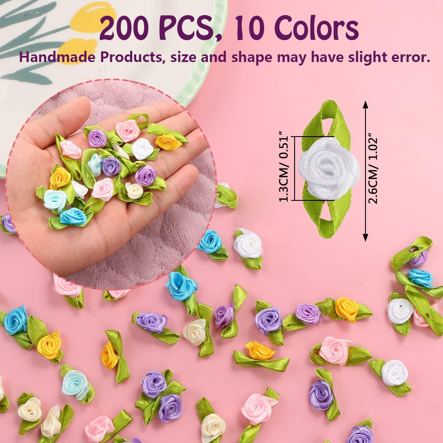 200 Mini Ribbon Roses Mixed Color Artificial Fabric Flowers with Green Leaves Sm