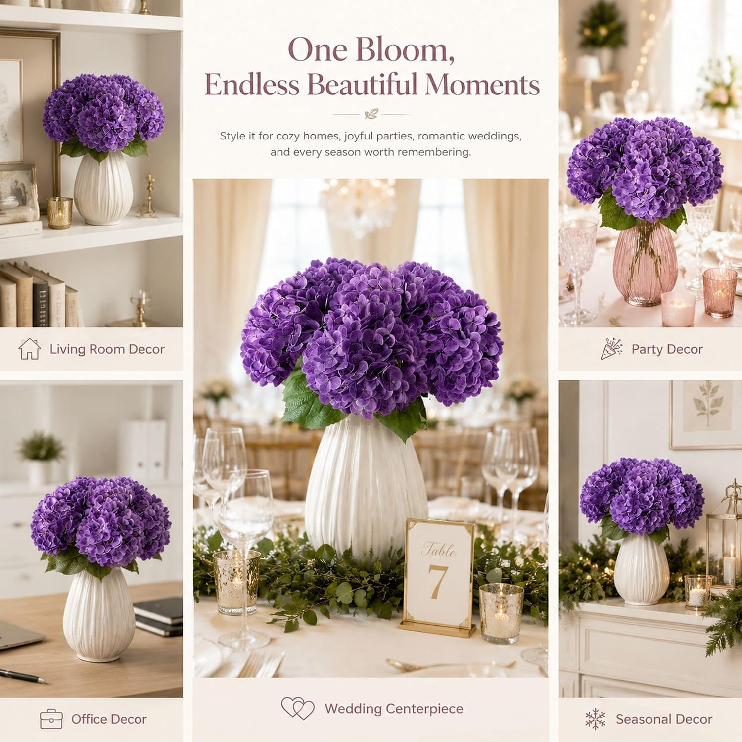 Real Touch Purple Hydrangea Artificial Flowers – 6 Stems for Home Decor