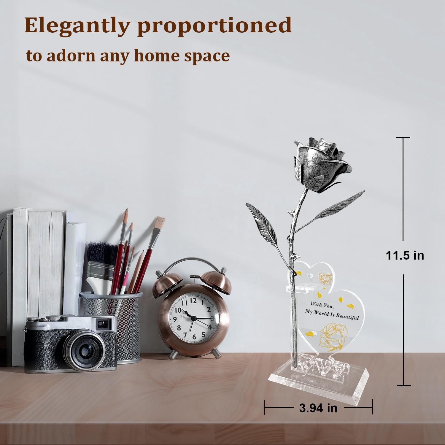 Iron Rose Sculpture with 2 Heart Photo Stands – 6 Year Iron Anniversary Metal…