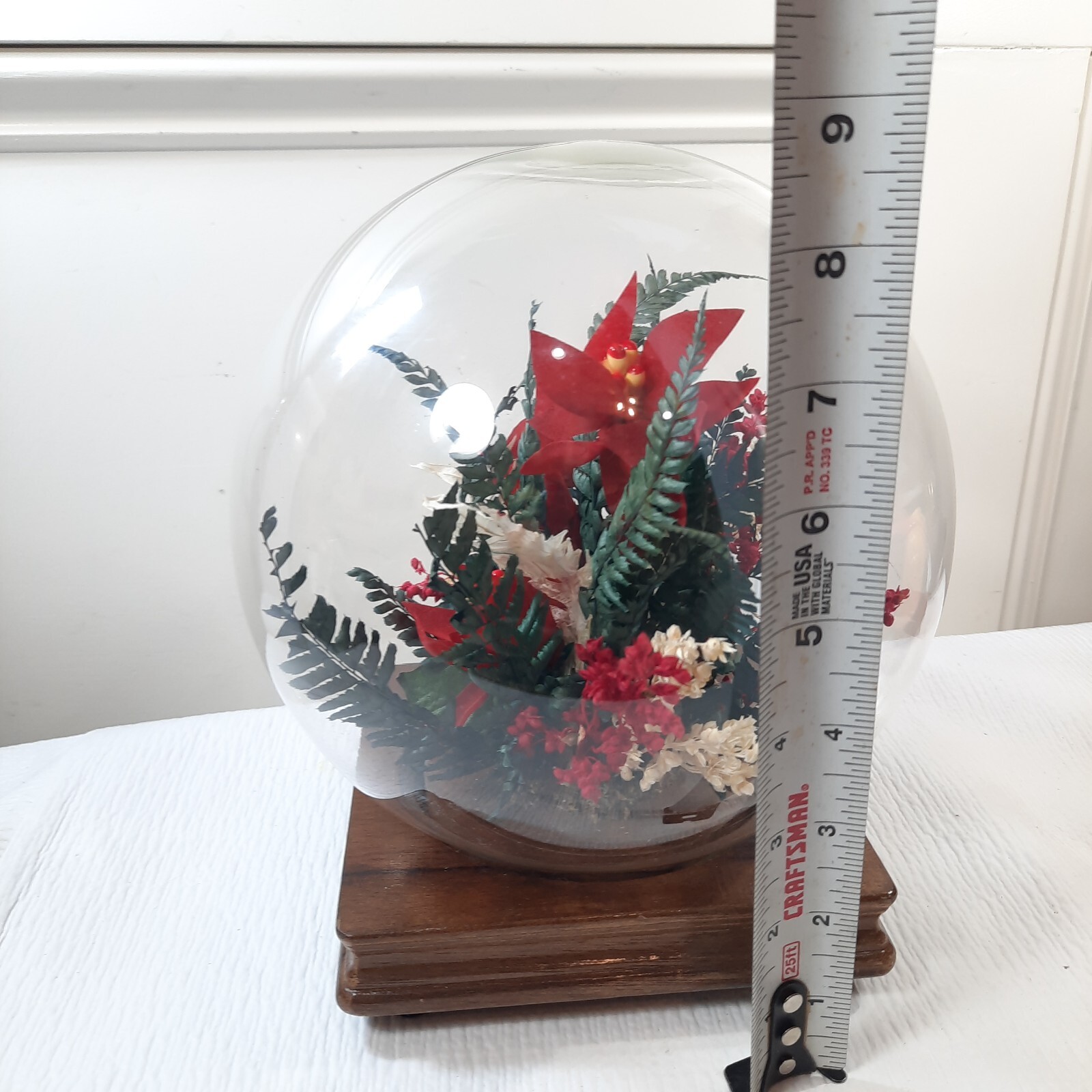 Vintage Floral glass globe terrarium wood base red poinsettia flower centerpiece