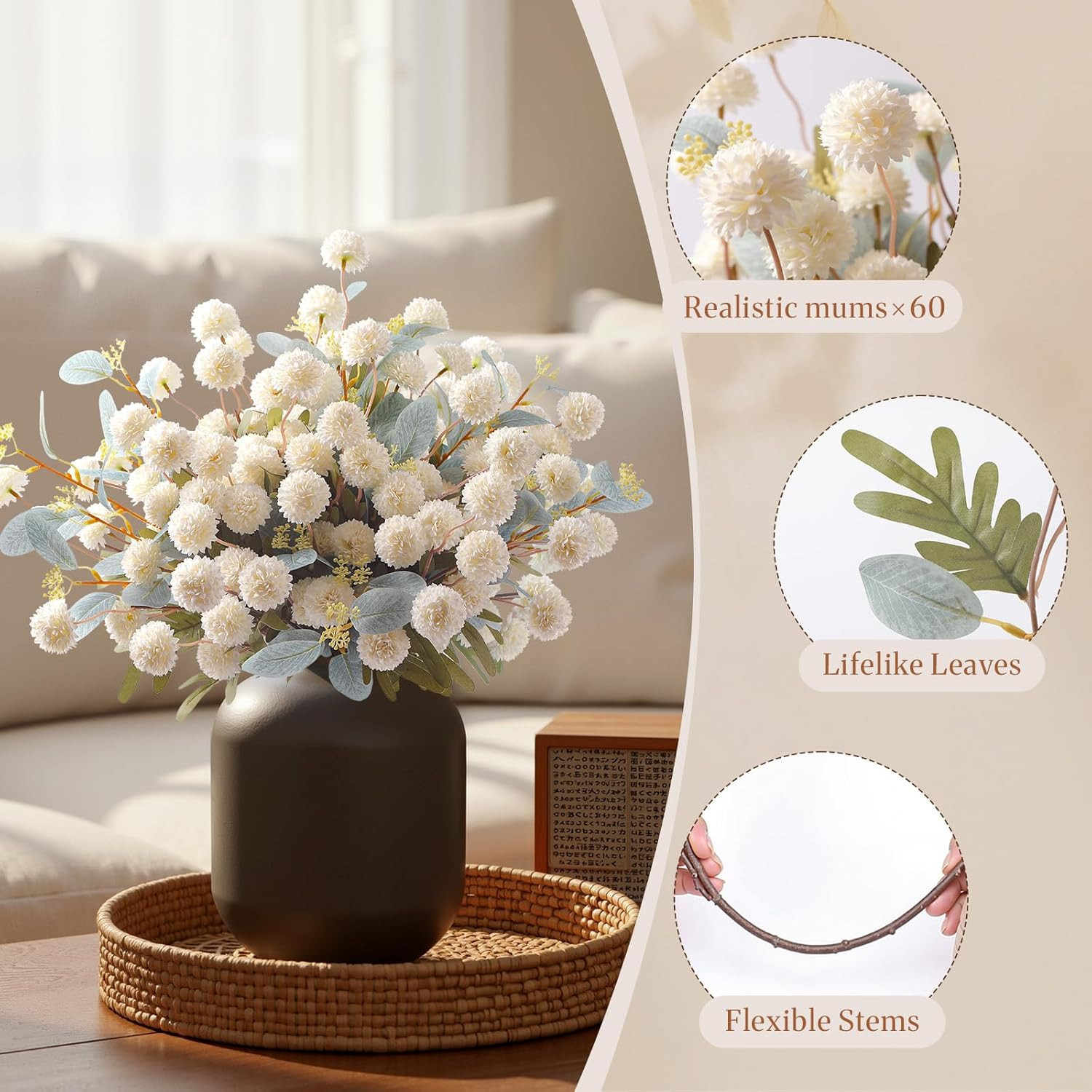 16PCS Faux Silk Pompon Mums Artificial Flowers with Eucalyptus, Fake Chrysanthem