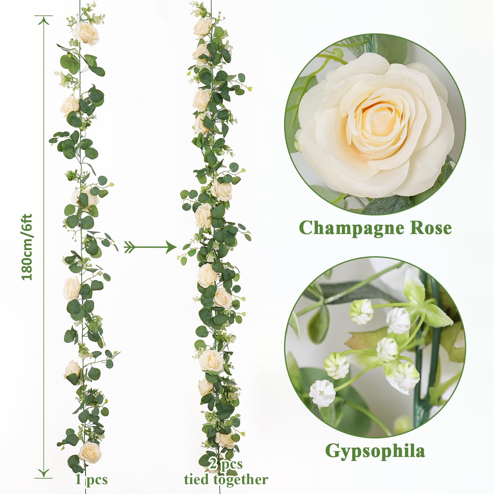 4Pcs(26 Ft) Artificial Eucalyptus Flower Garland with Champagne Rose Flowers,…