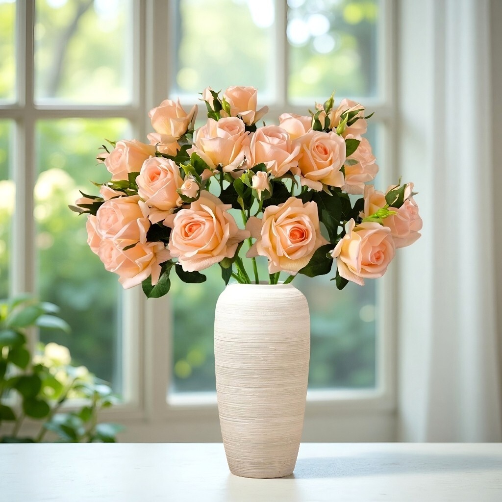 10pcs Artificial 3-Head Roses –Each Stem Features 2 Full Blooms and 1 Bud