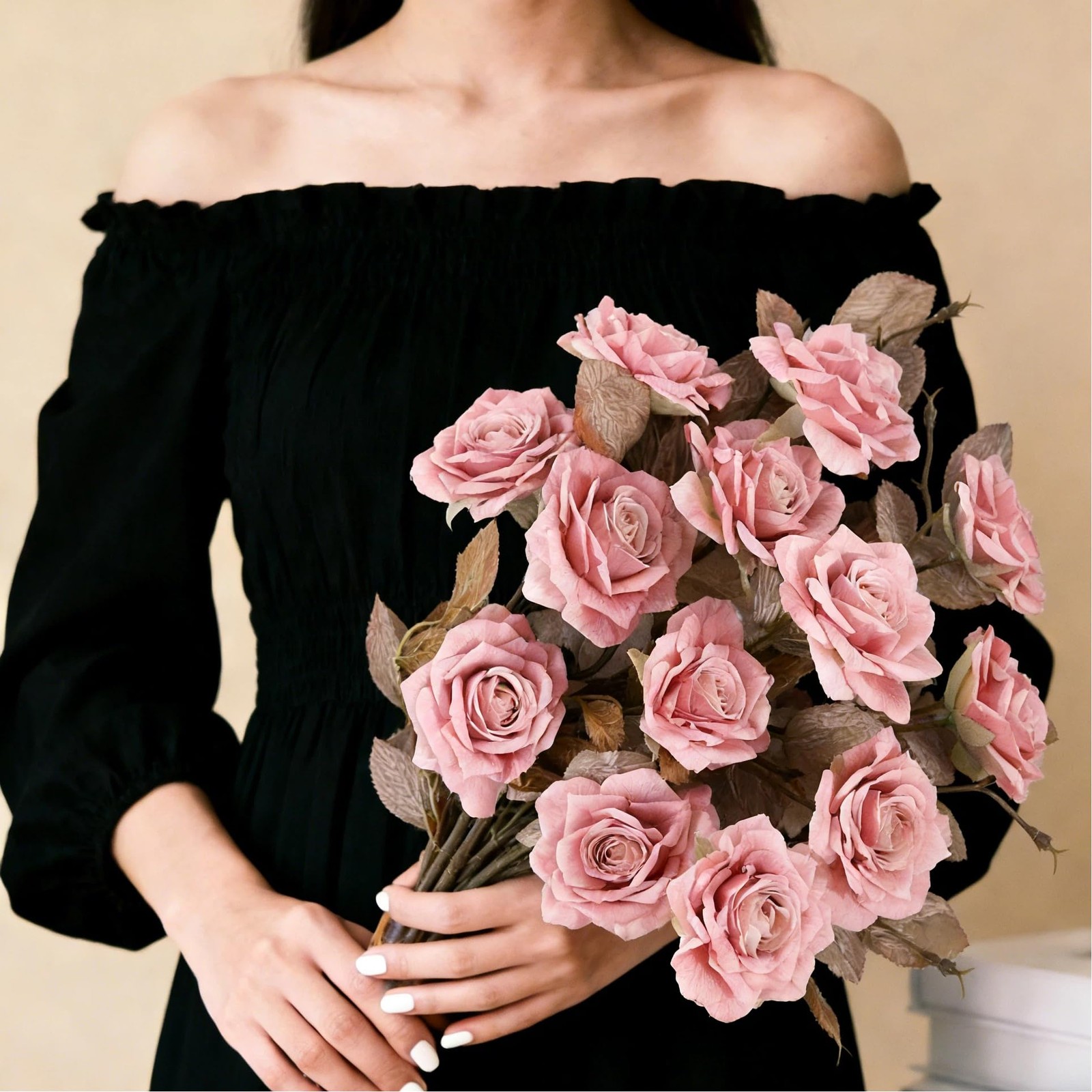 12 Blooms Pink Roses Artificial Flowers, 4Pcs Vintage Faux Roses with 27.5” L…