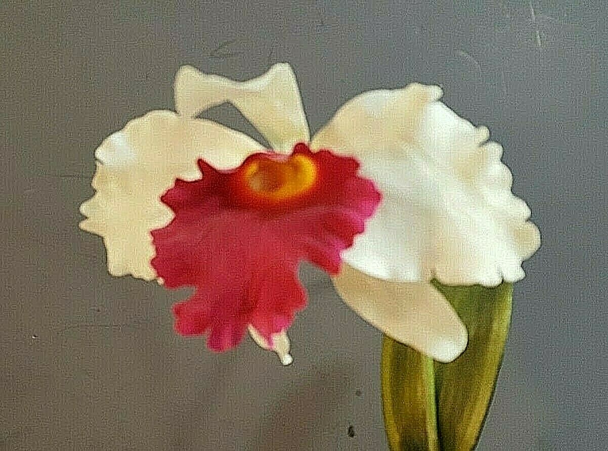 ARTIFICIAL RED & WHITE ORCHID IN A BLACK CERAMIC PLANTER