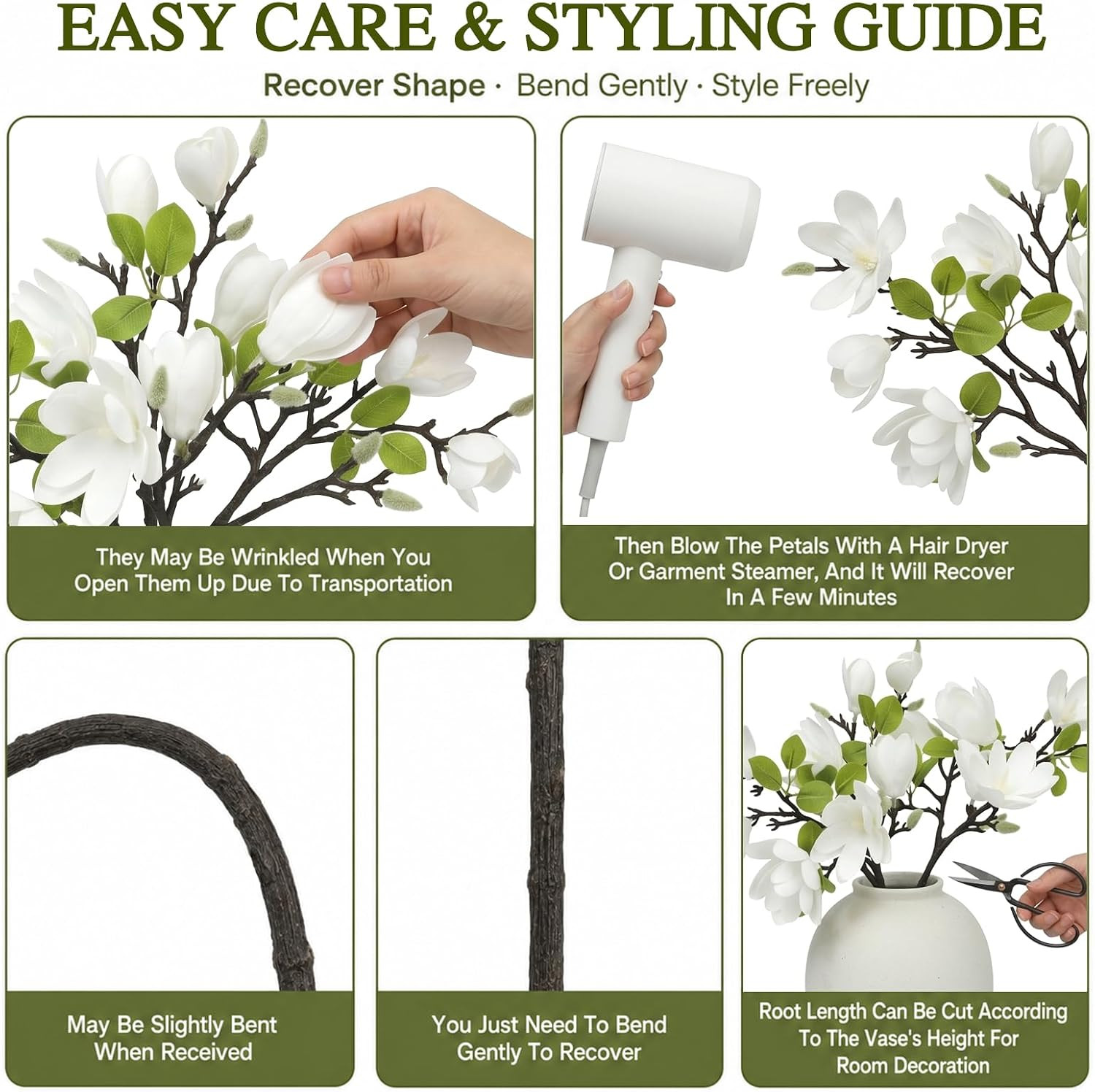 Set of 4 Artificial Magnolia Flowers, 25 Inch White Fake Flowers Branches | Real