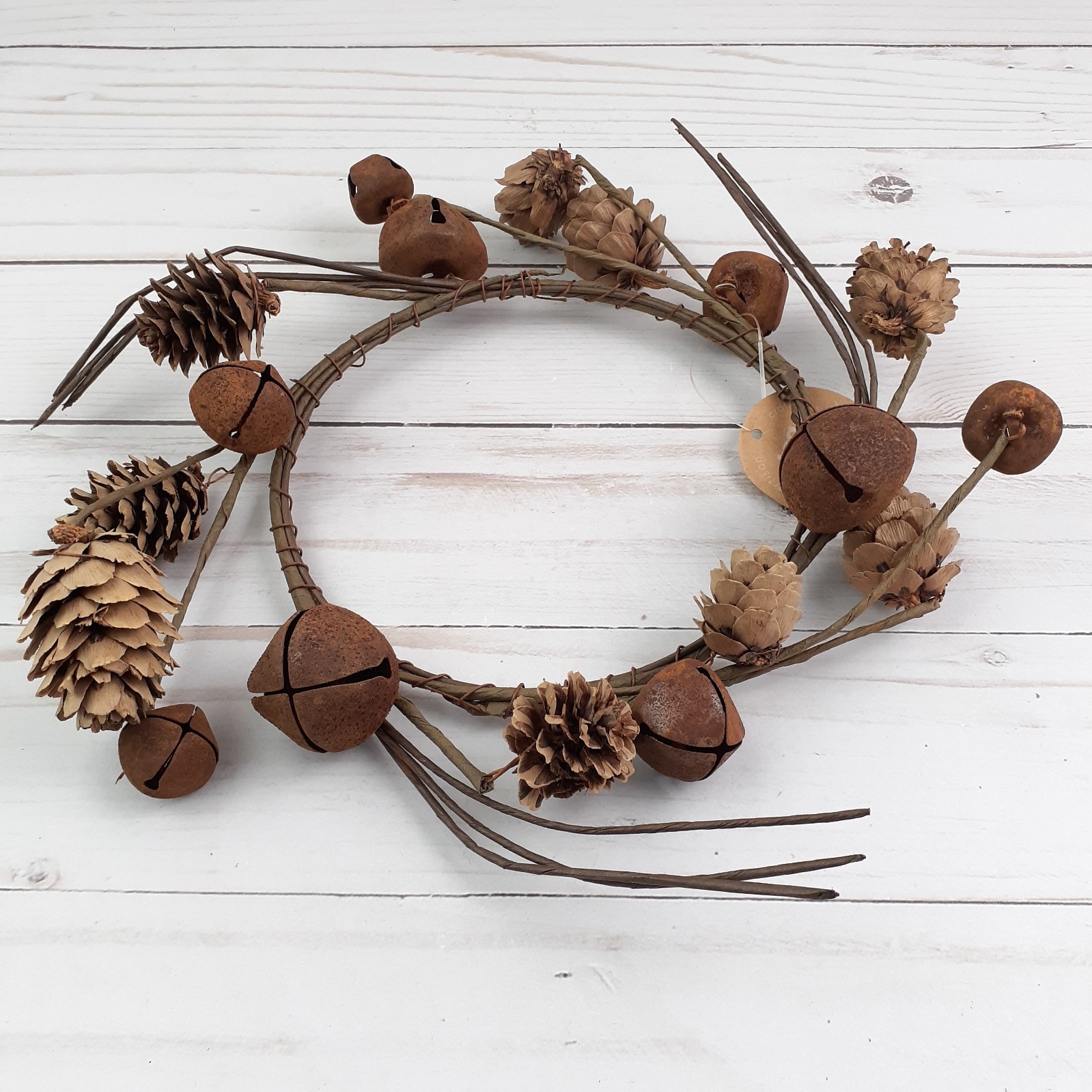 Candle Ring Wreath Pinecone Brown Rusty Bells 6 in Inside Rustic