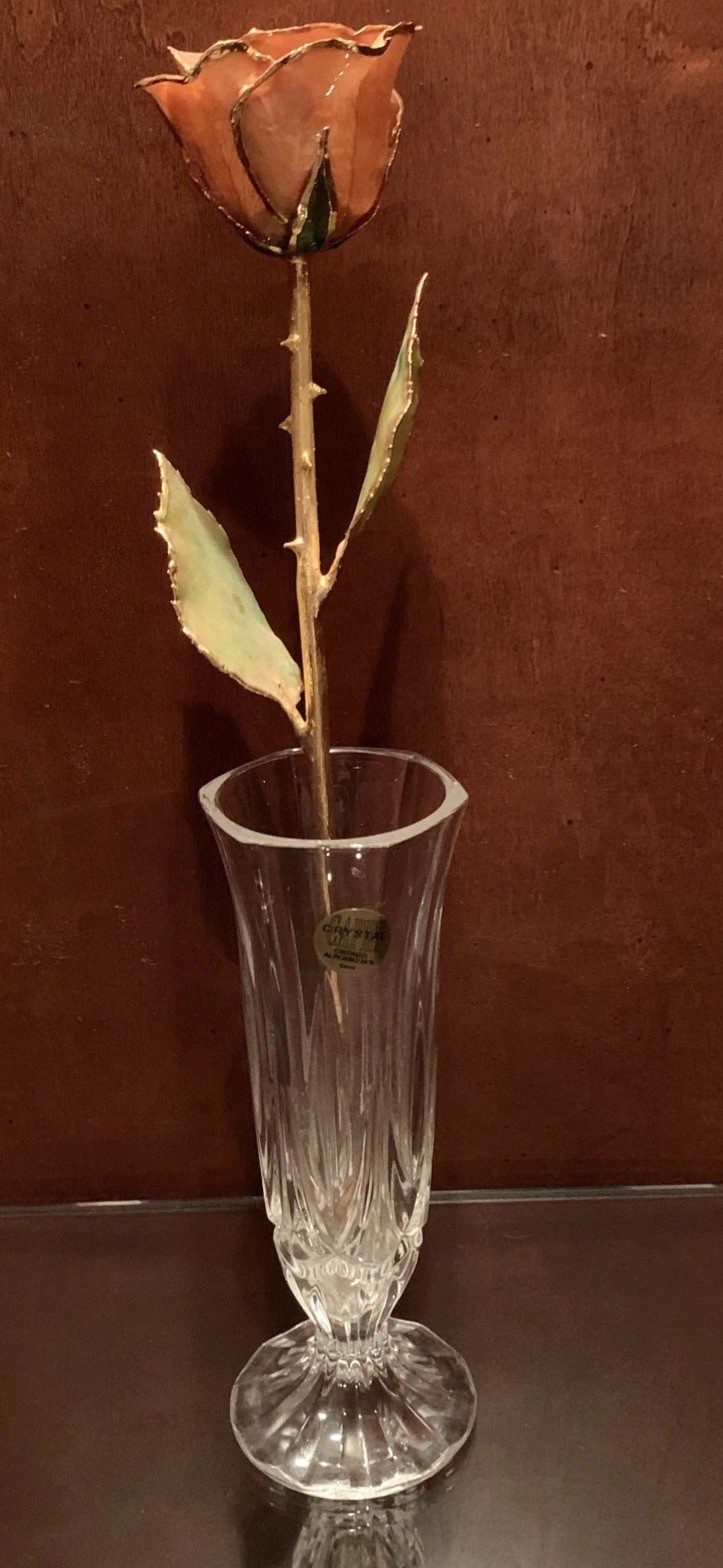 Real Rose Lacquer Dipped 24 Karat Gold Trim Lite Pink/Orange 11.5” With Vase
