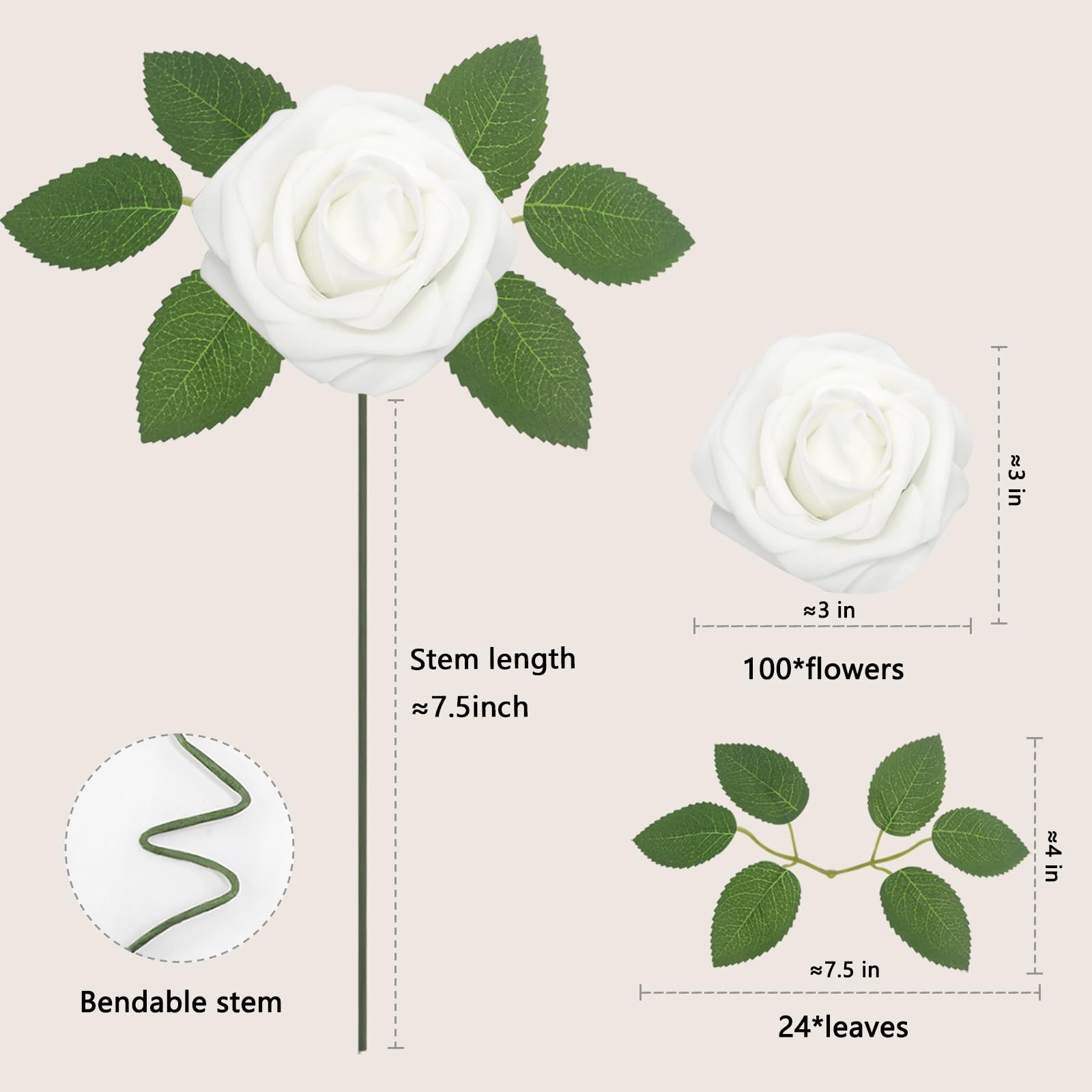 100 PCS Artificial White Roses Real Looking Foam Fake Flower Leaves Heads