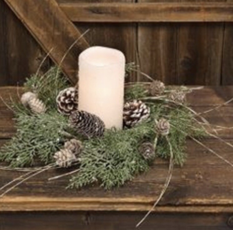 Birch Tipped Cedar Candle Ring 11″ Farmhouse Winter Christmas Greenery Wreath