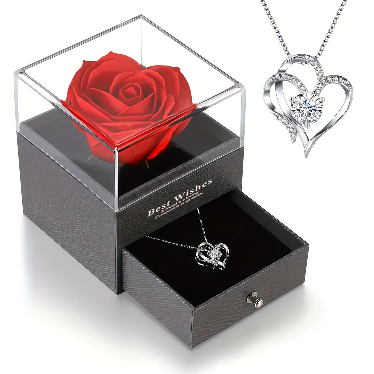 Rose Flower Gift Box with Heart Necklace | Romantic Jewelry Gift for Women
