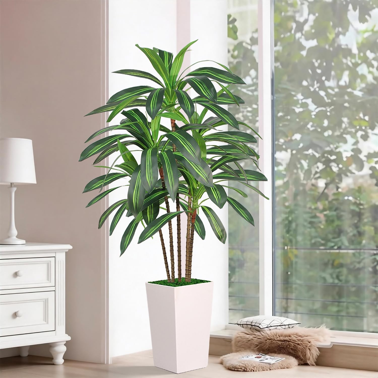 Artificial Dracaena Tree 5FT with White Tall Planter, Realistic Faux Tropical