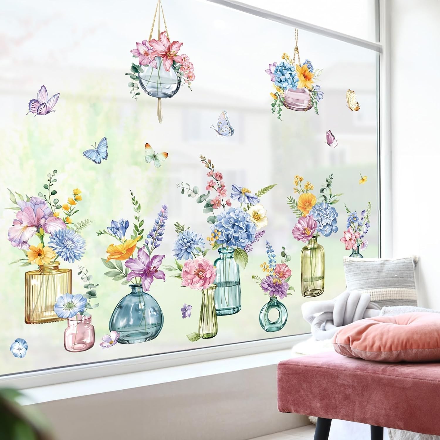 Spring Summer Potted Flowers Vase Window Clings Double Sided Blue Purple Wild…